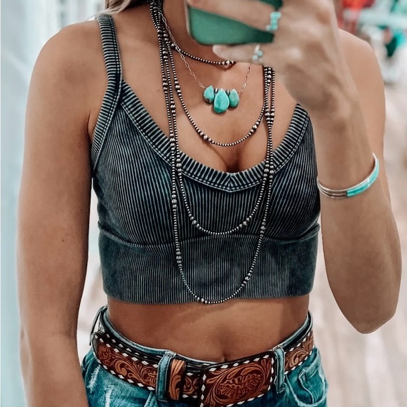 NWT Washed Ash Black Ribbed V Neck Brami Crop Top Bralette Bra - Picture 3 of 3